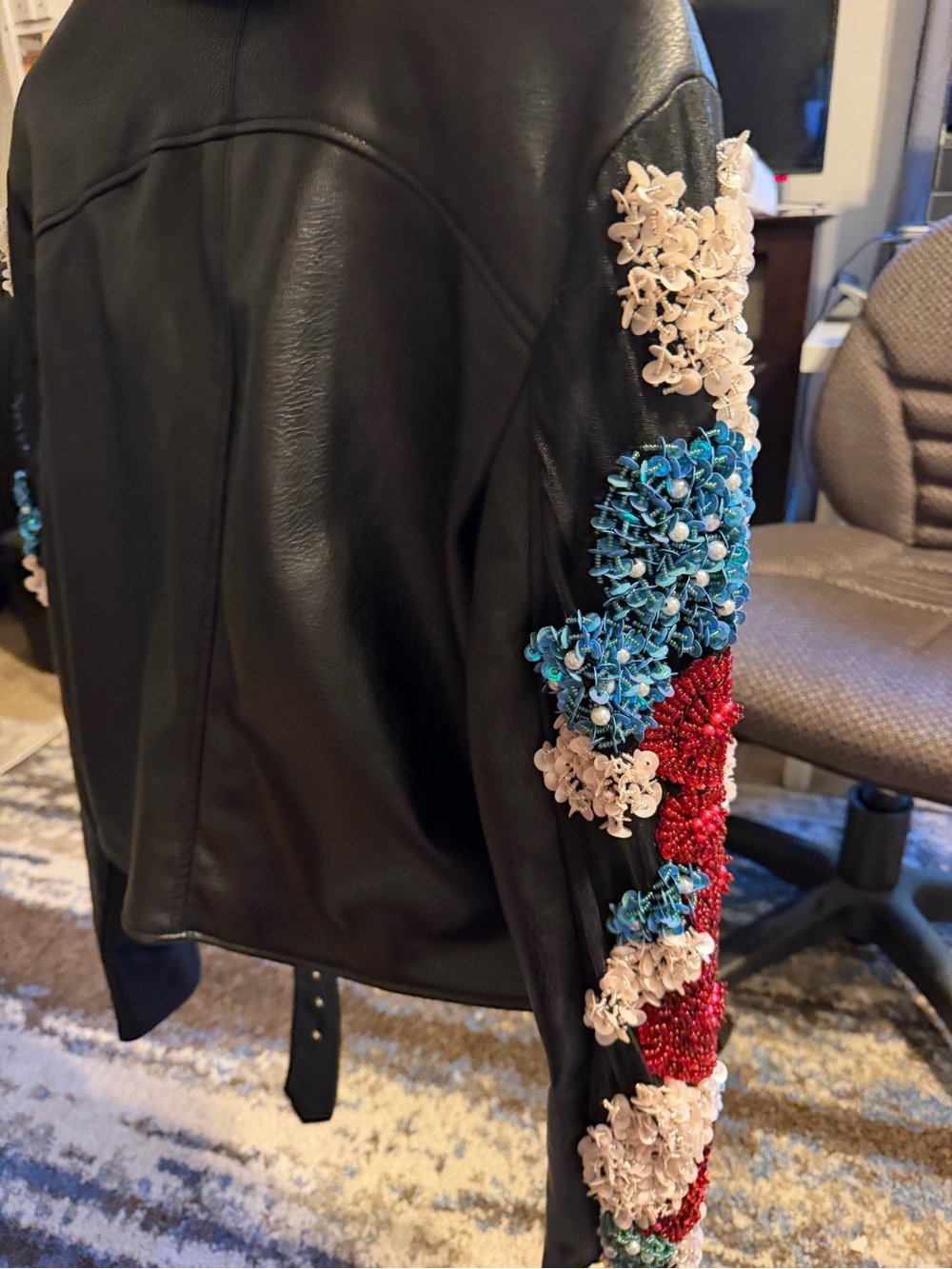 Embroidered Black Leather Jacket with Floral Accents - Picture 9 of 11
